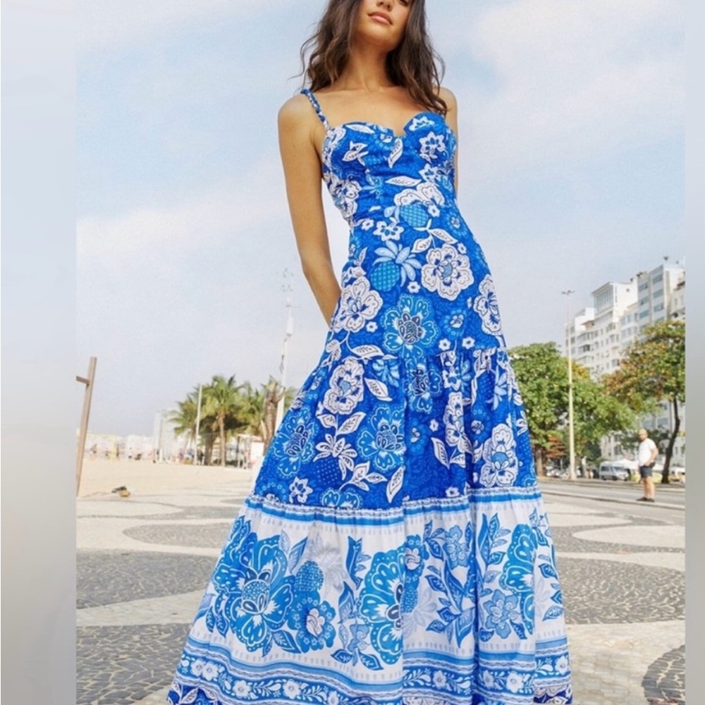 Farm Rio Full Of Flowers Resort Midi Dress Blue White